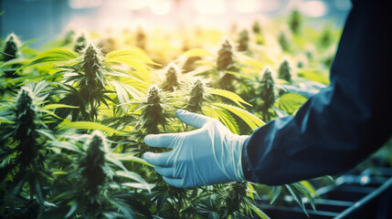 Fototapeta premium A scientist's hand close-up inspects the pleasant buds on a cannabis plant. Cannabis plantation.
