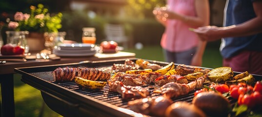 Outdoor barbecue party with friends - obrazy, fototapety, plakaty