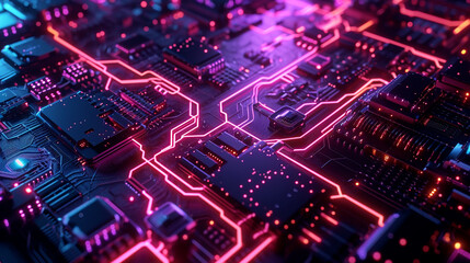 Obraz premium Dark Abstract Background With Neon-lit Circuitry Pat Technology Wallpaper