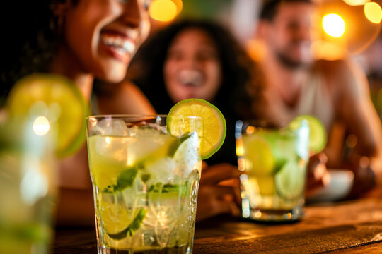 A lively scene capturing friends enjoying Caipirinhas in a vibrant and social setting.