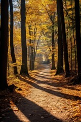 Obraz premium Sunlit path through a forest in autumn
