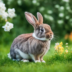 Fototapeta premium cute gray fluffy rabbit on a green grassy lawn