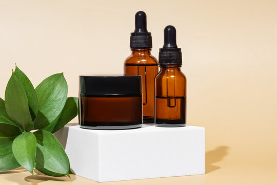 Skincare products on display with natural backdrop