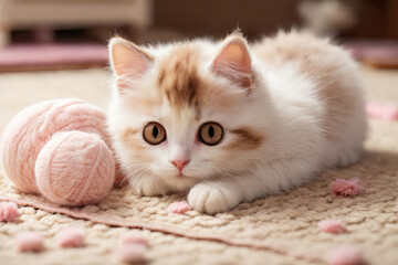A cute cream cat plays with a ball of yarn on the soft floor. A pet against the background of an interior in light colors.
