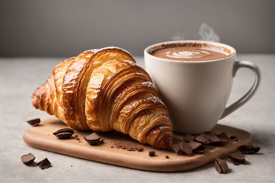 A cup of cappuccino with croissants on the table.