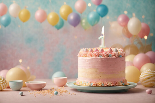 Celebratory 1st birthday cake on a colorful pastel background with balloons.
