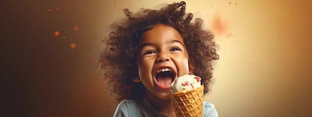 Tuinposter A cute baby child is eating delicious ice cream.Generative AI © Артур Комис