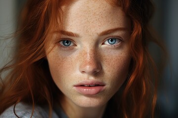 closeup portrait of a young charming red hair blue eye woman with freckles indoor