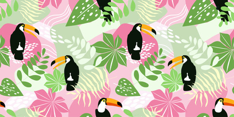 Fototapeta na wymiar Seamless pattern with tropical abstract leaves. Exotic plants, toucan birds, palm trees in the jungle. Vector graphics.