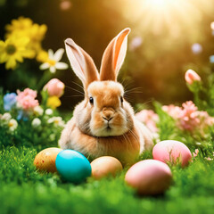 Easter  Cute Bunny In Sunny Garden With Decorated