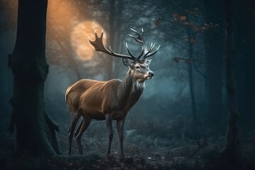 deer in the night foggy forest