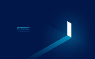 Fotobehang Open door in a future. Opportunity concept. Bright portal on the wall with light on the floor. Isometric blue vector illustration. New job or hope metaphor. Technology and Business. Digital door. © Mirco Emmy