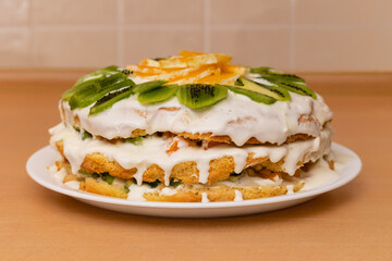 Sponge cake with fruits on the table