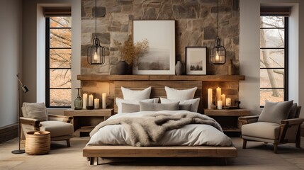 cozy rustic wood cabin bedroom interior design - obrazy, fototapety, plakaty