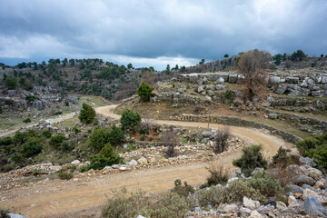 Majestic view of valley with beautiful rock formations on a autumn day. Adamkayalar, Selge, Manavgat, Antalya, Turkey. 