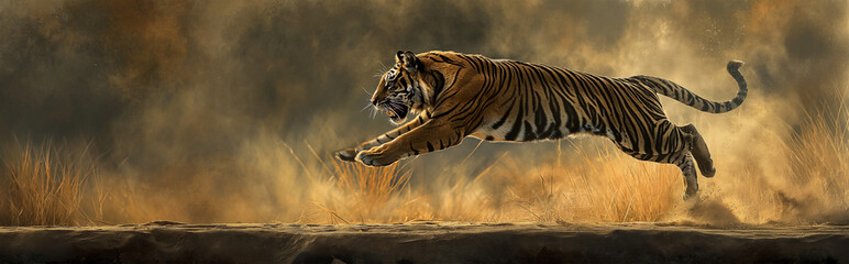Tiger running in the woods.Panorama view. Generative AI