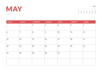 Monthly page Calendar Planner Templates of May 2024. Vector layout of simple calendar with week start Monday for print. Page for size A4 or 21x29.7 cm