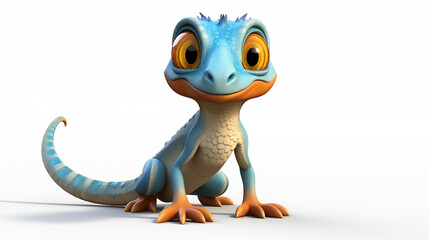 3D cartoon blue lizard and yellow eyes isolated on white background