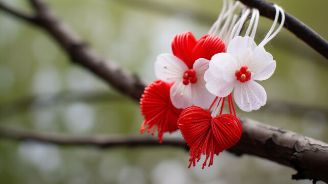 Martisor, red and white, yarn floss thread, holiday of welcoming spring in Moldova and Romania, celebrated on March , tradition give boutonnieres in the form of flowers Baba Marta.