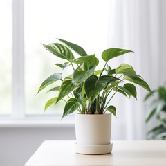 A beautiful potted houseplant sits on a table near a bright window.