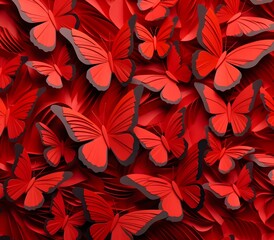 3D, butterflies, flat background, layered forms, paper quilling, masterpiece, trending on Artstation and Dribbble, Red color pallette aesthethic, seamless wallpaper,