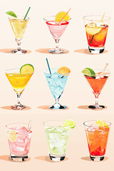 colorful drinks watercolor illustration menu on pink background 