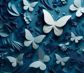 Fototapeten 3D, butterflies, flat background, layered forms, paper quilling, masterpiece, trending on Artstation and Dribbble, indigo color pallette aesthethic, seamless wallpaper, © american