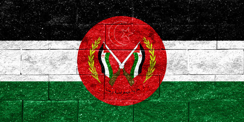 Flag and coat of arms of Western Sahara on a textured background. Concept collage.