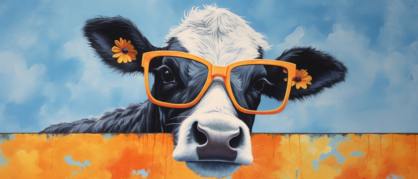 Cow with Orange Sunglasses and Daisy Embellishments Against a Blue and Orange Background