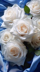 White roses on blue silk