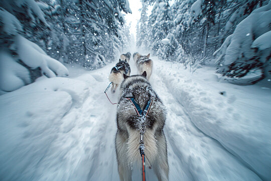 Playful huskies pulling a sled through a winter wonderland, their fur covered in glistening snowflakes top view