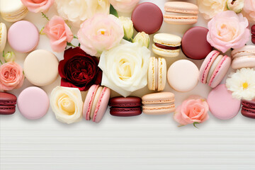 Wonderful backdrop adorned with colourful French cakes macaron and roses. Festive background