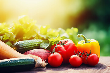 An agricultural setting with a variety of crops growing in a greenhouse, including vibrant green cucumbers and ripe red tomatoes and peppers. - Powered by Adobe