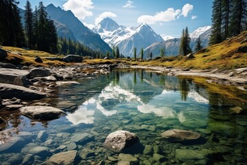 Stunning mountain lake in the Alps with crystal clear water reflecting the sky