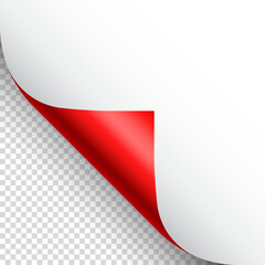 Red paper curl. Curled page corner with shadow. Blank sheet of paper. Colorful shiny foil. Design element for advertising and promotion. Vector illustration.