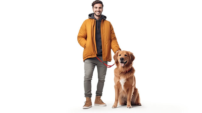 white man wearing yellow jacket owner  with a trained dog with leash on white background