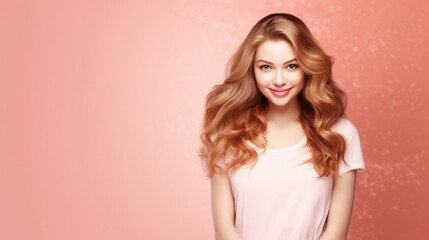 Peachy Perfection in a Pastel Pink Tee with Lustrous Curls