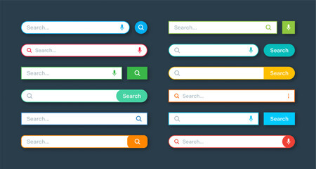 Colorful search bar templates. Internet browser engine with search box, address bar and text field. UI design, website interface element with web icons and push button. Vector illustration