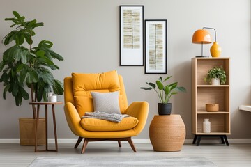 Yellow armchair in a living room - obrazy, fototapety, plakaty
