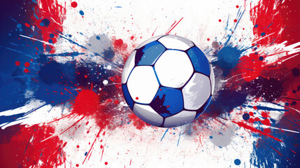 Soccer Ball with Explosive Red and Blue Paint Splashes on a White Background