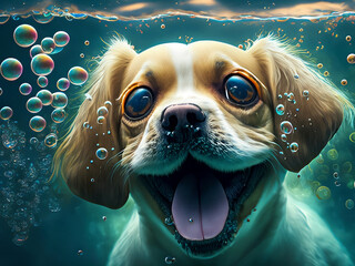 Dogs Underwater Catching Tennis Balls - obrazy, fototapety, plakaty