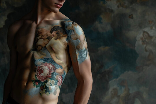 Body painting of classical Renaissance artwork, male model as canvas