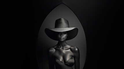 Beauty in Monochrome with a Stylish Wide-Brimmed Hat and Geometric Backdrop