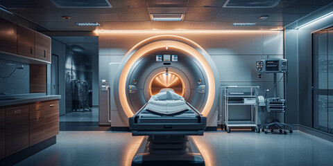 MRI machine, no people, metallic and clean, room in soft lighting with maybe a splash of ambient...