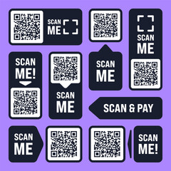 Scan me QR code sticker. Online payment. Special offer sale stickers, shopping discount label or promotional badge. Serial number, product ID. Supermarket retail label, price tag. Vector illustration