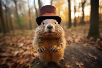 Groundhog Day. February 2nd, Punxsutawney Phil, hat, happy and smiling. folklore, superstition,...