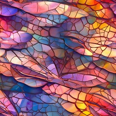 Mosaic-like shades of sunset. Tileable wallpaper, repeating seamless texture, pattern, crystal dragonfly wings, macro photography, ray tracing, unreal engine, delicate, eligant, subtle