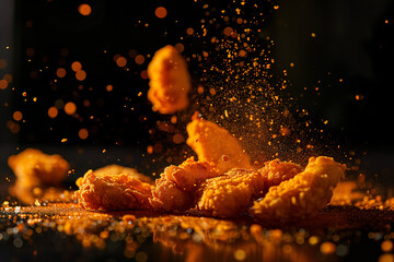 Golden deep fried chicken nuggets with black background exploding in mid air - obrazy, fototapety, plakaty