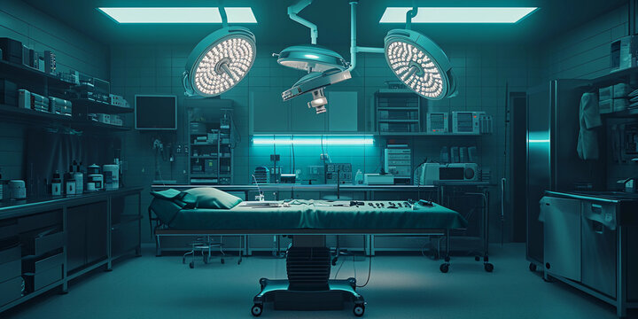 surgical room, sterilized environment, surgical table and instruments neatly arranged