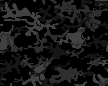 Camouflage Abstract Repeat. Black Hunter Pattern. Military Vector Camoflage. Vector Gray Texture. Camo Dirty Canvas. Army Seamless Paint.  Seamless Print. Urban Camo Print. Digital Dark Camouflage.